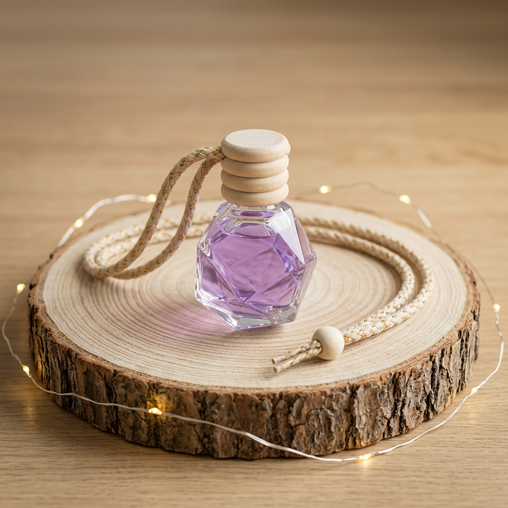 Suspension parfumée Lilas en verre facetté contenant un liquide violet, avec bouchon en bois et cordon tressé, sur un rondin entouré d’une guirlande lumineuse.