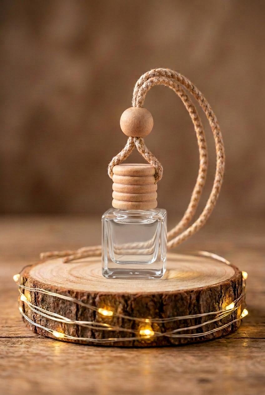  « Suspension parfumée pour voiture Mandarine, flacon en verre transparent avec bouchon en bois, debout sur un rondin entouré d’une guirlande allumée. »