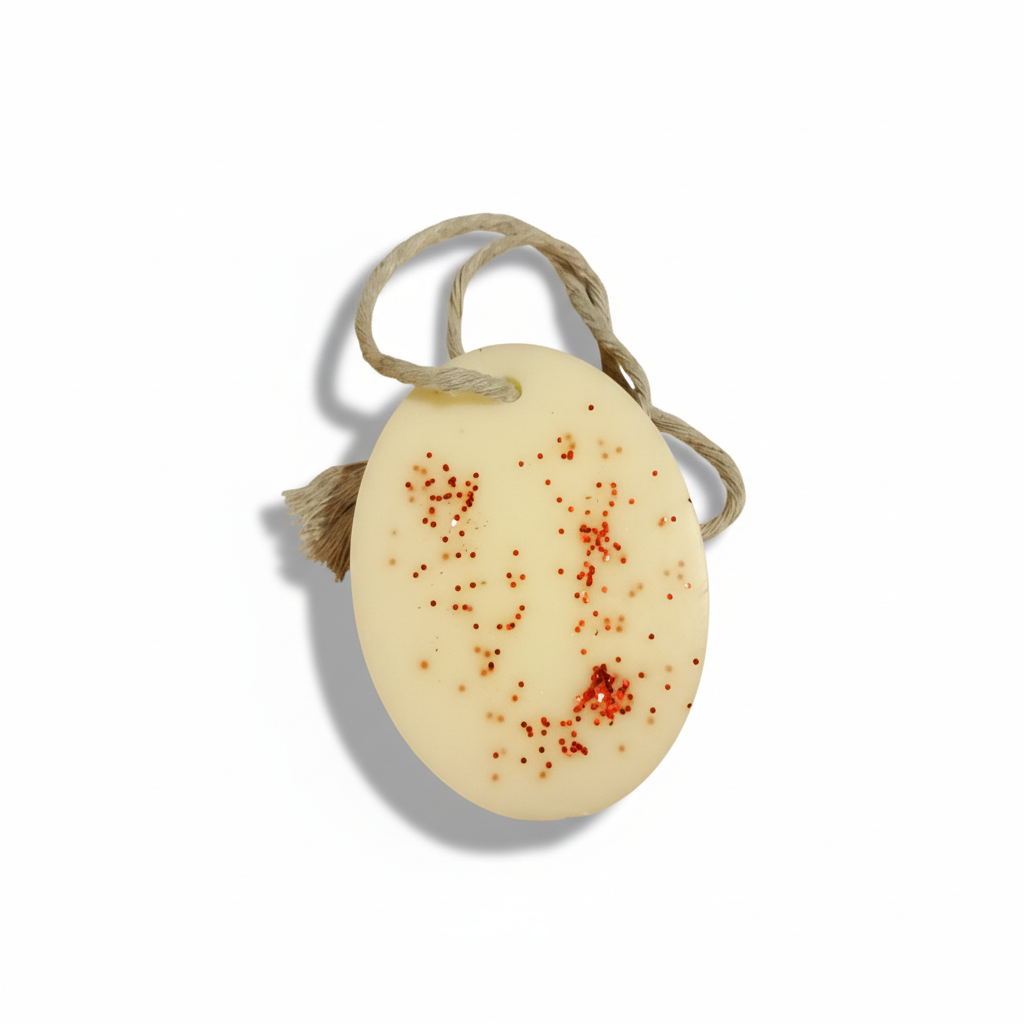 "Suspension parfumée décorative ovale avec paillettes rouges en cire naturelle et cordon gris"
