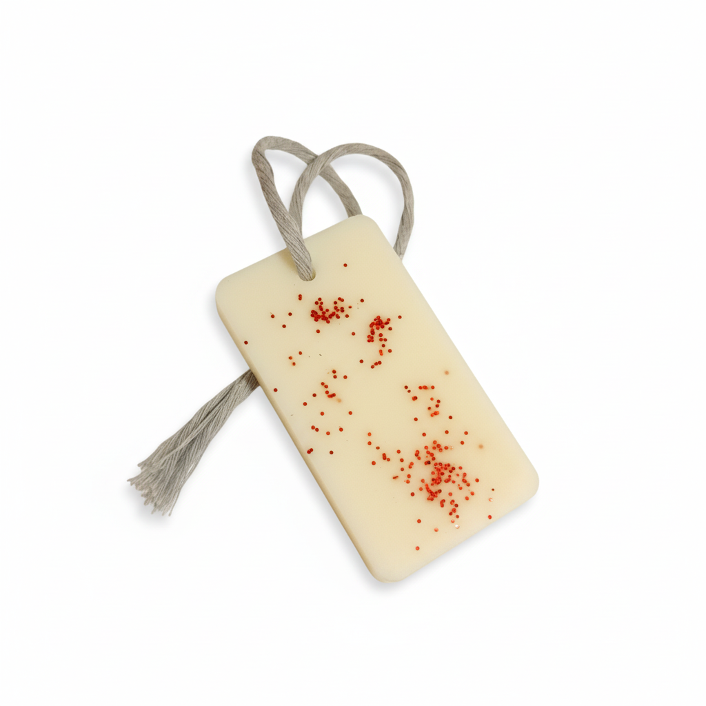  "Suspension parfumée décorative rectangulaire en cire naturelle avec paillettes rouges et cordon gris"