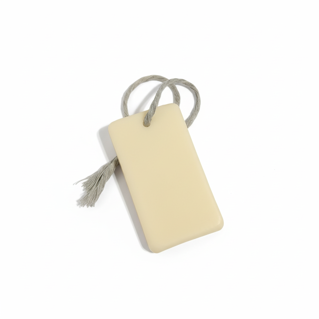 "Suspension parfumée décorative rectangulaire en cire naturelle avec cordon gris et pompon"