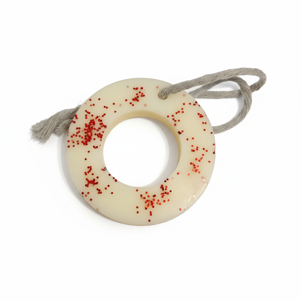 "Suspension parfumée décorative ronde avec paillettes rouges en cire naturelle et cordon gris"