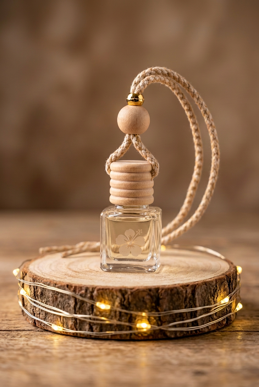  « Suspension parfumée pour voiture Hibiscus, flacon en verre et bouchon en bois, debout sur un rondin entouré d’une guirlande allumée. »