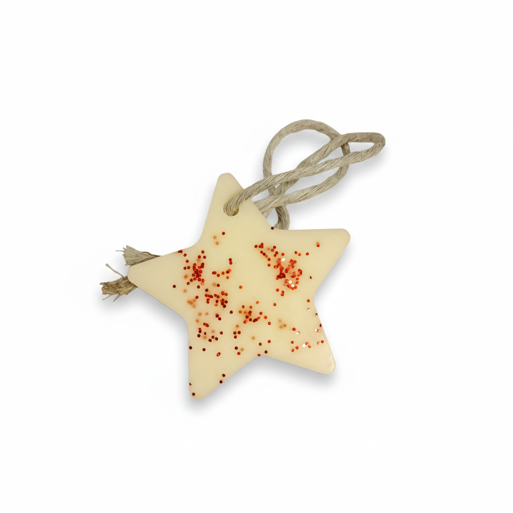 "Suspension parfumée décorative etoile avec paillettes rouges en cire naturelle et cordon gris"