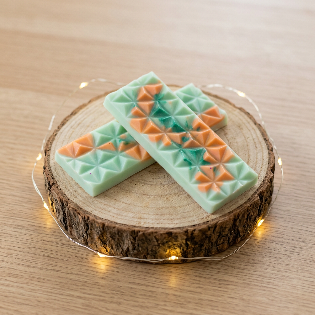 Deux tablettes de fondant Fleur d’oranger vert menthe et orange, aux reliefs géométriques, croisées et vues de dessus.