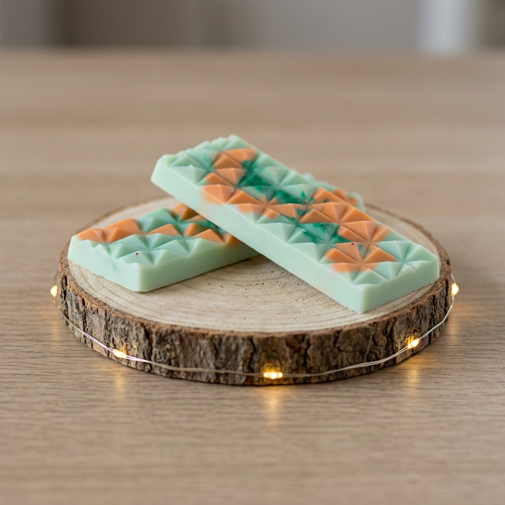  Deux tablettes de fondant Fleur d’oranger vert menthe et orange, aux reliefs géométriques, croisées et vues de trois quarts.