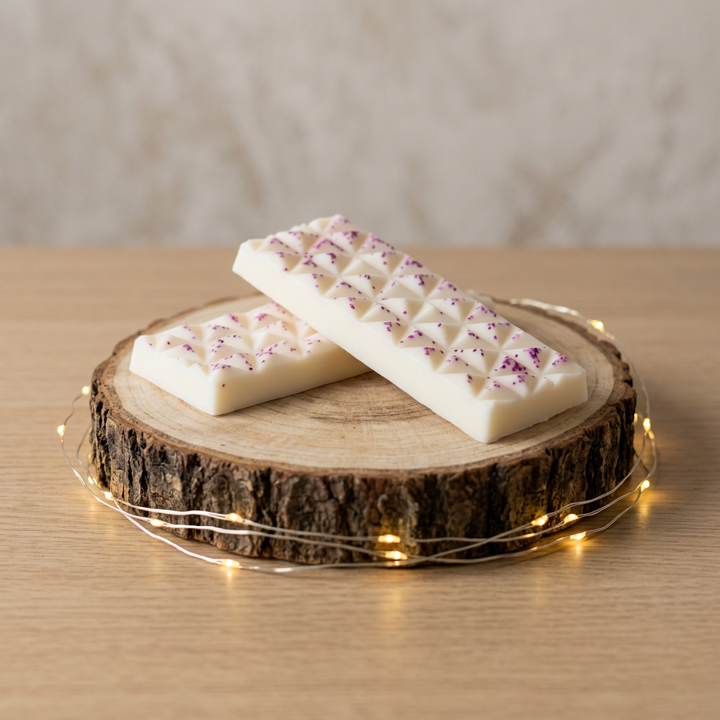 Tablettes de fondant parfumé Lilas en cire de soja ivoire, décorées d’éclats violets, sur un rondin de bois, vues de dessus.