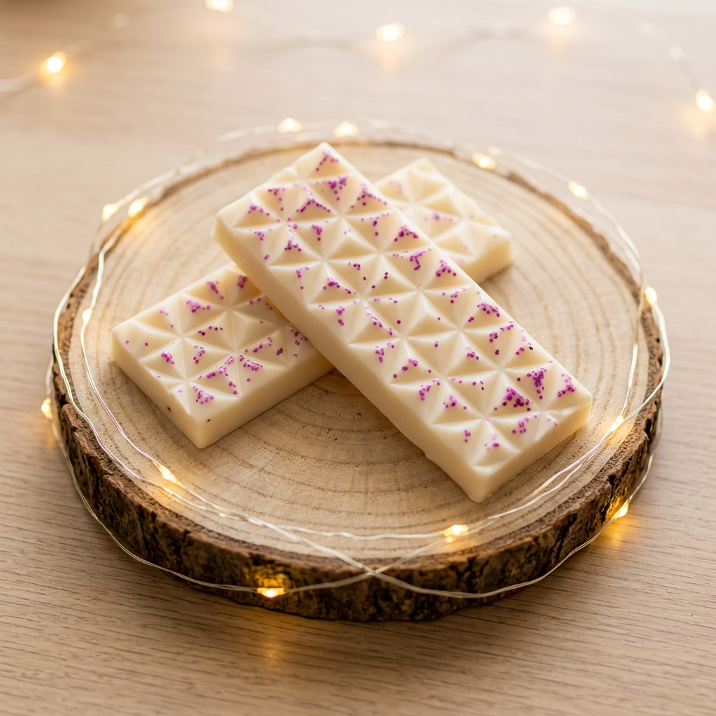  Tablettes de fondant parfumé Lilas en cire de soja ivoire, décorées d’éclats violets, sur un rondin de bois, vues de trois quarts.