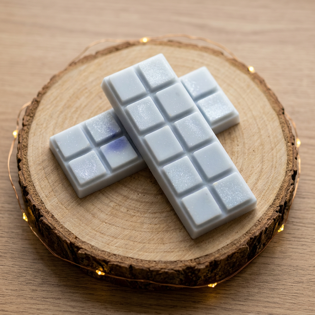Deux tablettes de fondant Nuit Étoilée en cire de soja bleu pâle, croisées et vues de dessus.