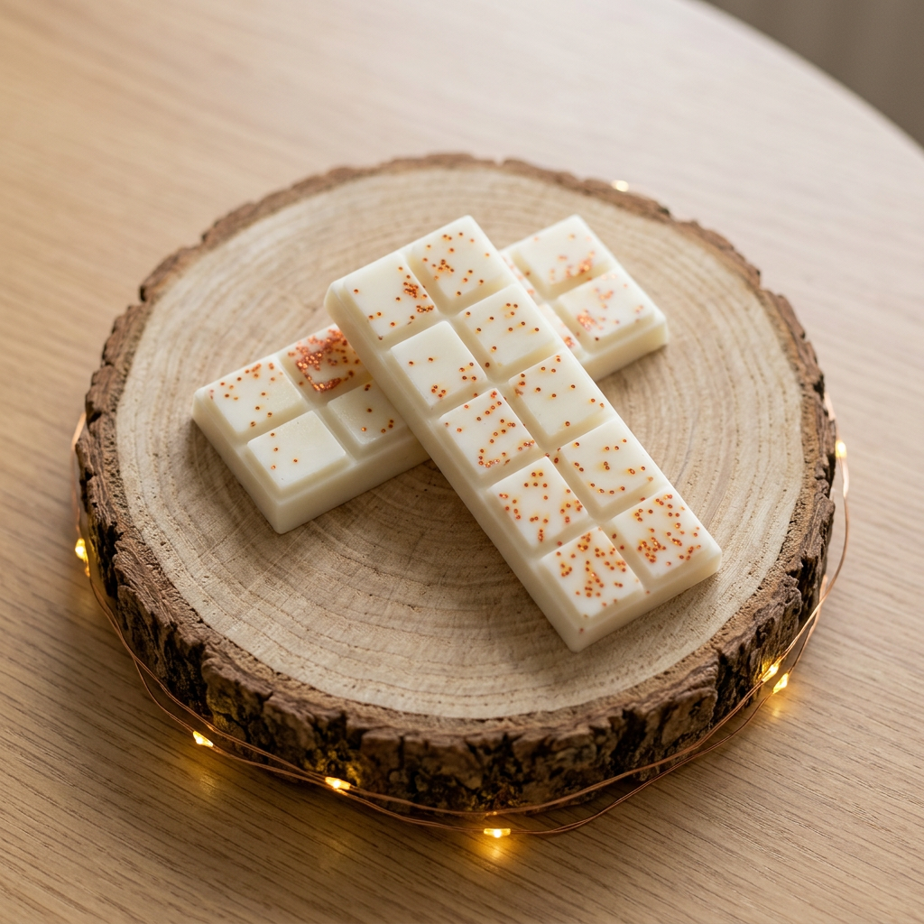  Deux tablettes de fondant Pomme Cannelle en cire de soja , croisées et décorées d’éclats orangés, vues de dessus.