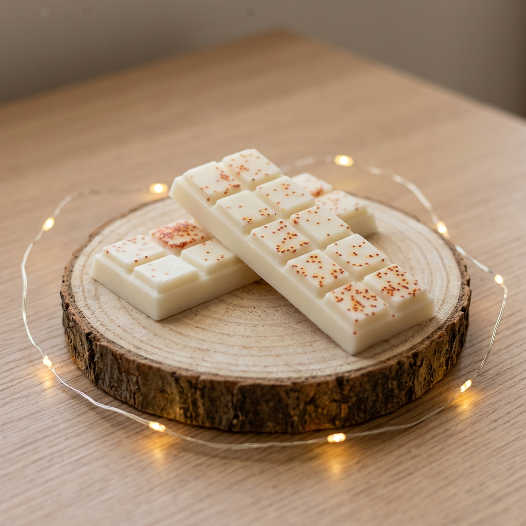 Deux tablettes de fondant Pomme Cannelle en cire de soja , croisées et décorées d’éclats orangés, vues de trois quarts.