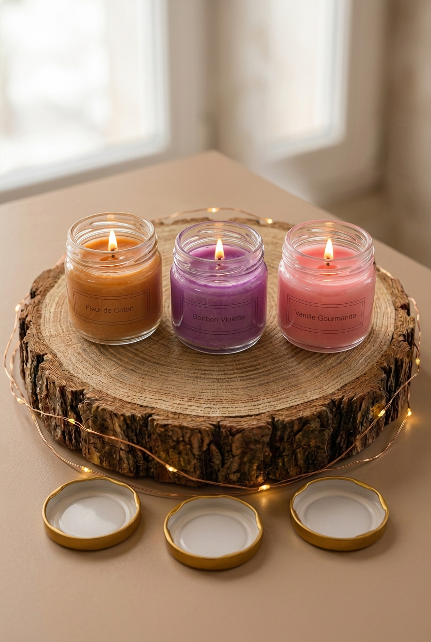 Trio de bougies Fleur de Coton, Bonbon Violette et Vanille Gourmande allumées sur un rondin avec guirlande lumineuse, couvercles dorés devant.