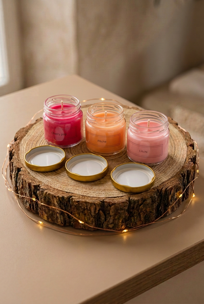 Trio de bougies Cherry pop, Pêche et Litchi éteintes en pots de verre, avec couvercles dorés, sur un rondin entouré d’une guirlande lumineuse.