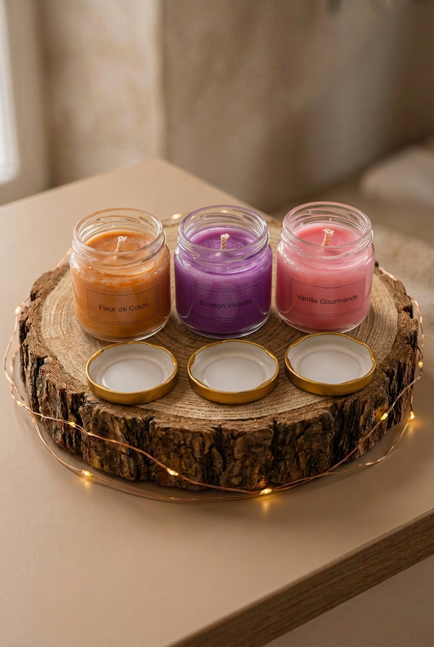 Trio de bougies Fleur de Coton, Bonbon Violette et Vanille Gourmande éteintes, avec couvercles dorés, sur un rondin entouré d’une guirlande lumineuse.
