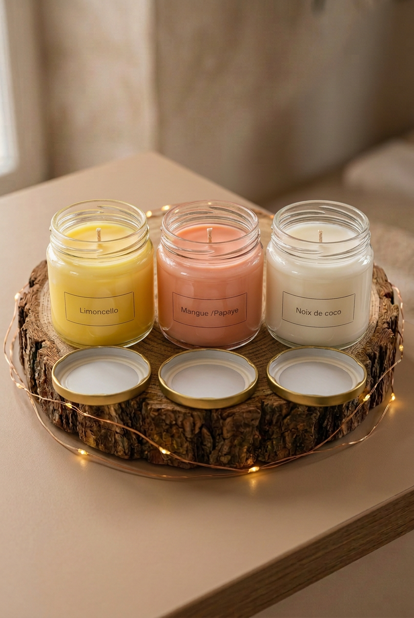 Trio de bougies Limoncello, Mangue/Papaye et Noix de coco éteintes, avec couvercles dorés, sur un rondin entouré d’une guirlande lumineuse.