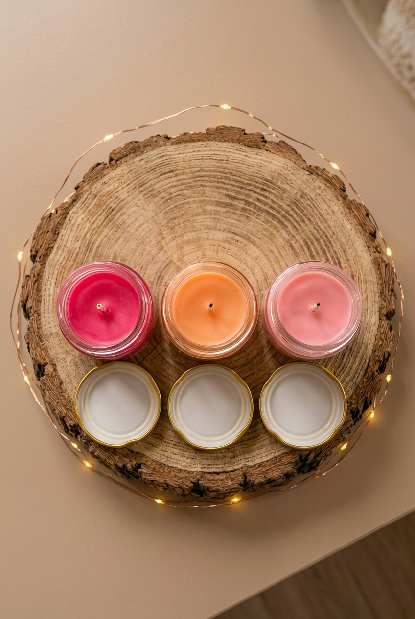 Bougies Cherry pop, Pêche et Litchi vues de dessus, cires fuchsia, orange et rose pâle, avec couvercles dorés sur un rondin avec guirlande lumineuse.