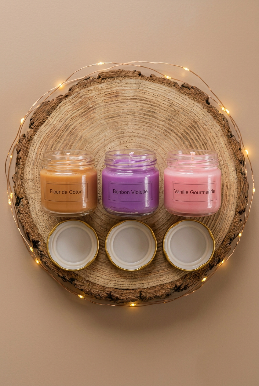  Trio de bougies Fleur de Coton, Bonbon Violette et Vanille Gourmande, cires caramel, violette et rose, avec couvercles dorés sur un rondin illuminé.