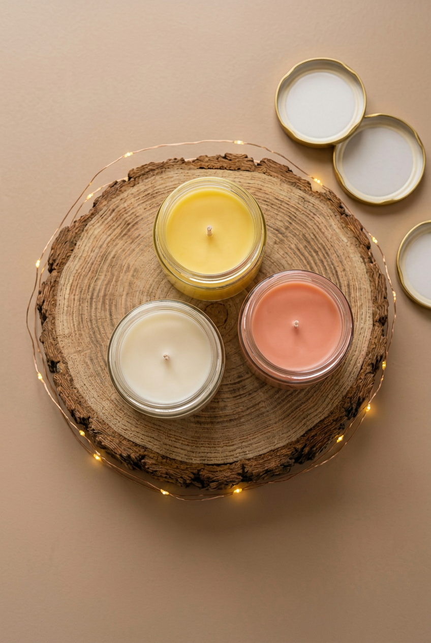 Bougies Limoncello, Mangue/Papaye et Noix de coco vues de dessus, cires jaune, saumon et ivoire, sur un rondin entouré d’une guirlande lumineuse.