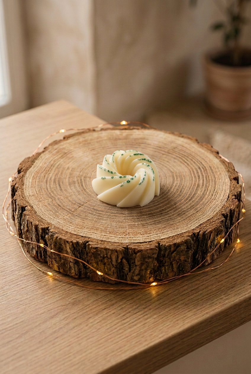 Fondant parfumé Figue ivoire aux éclats verts, en forme de spirale, posé sur un rondin de bois entouré d’une guirlande lumineuse.