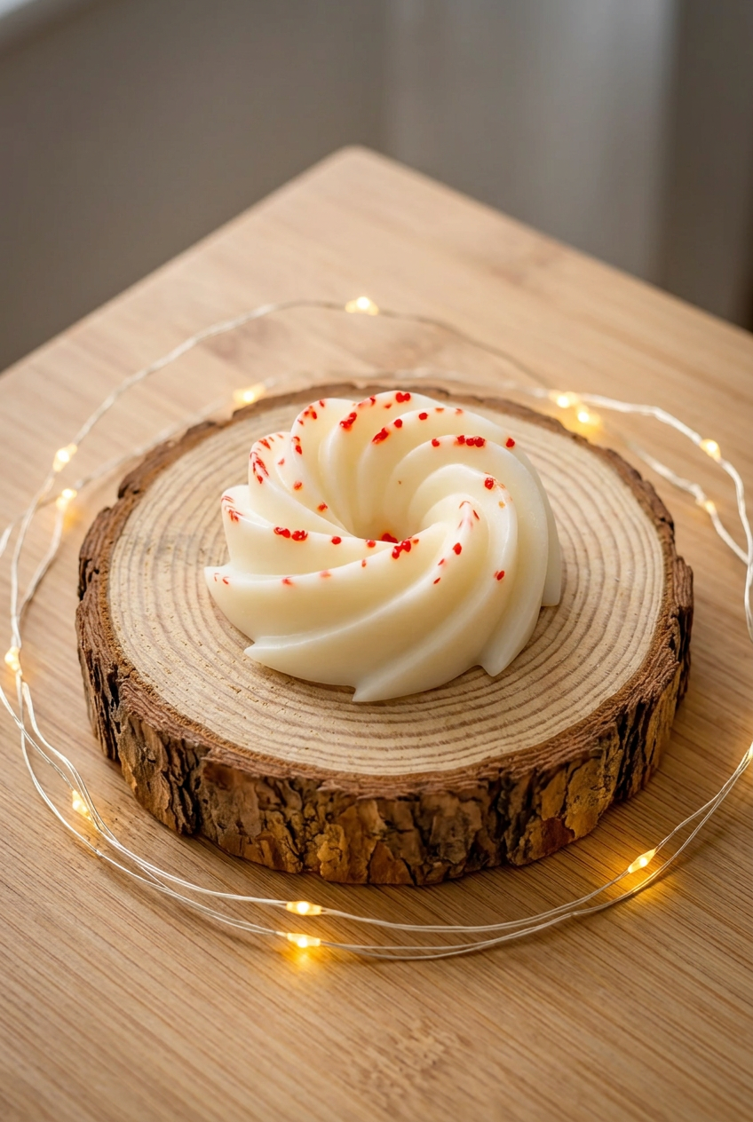  Fondant Mûre Myrtille ivoire en spirale, parsemé d’éclats rouges, sur un rondin entouré d’une guirlande lumineuse.