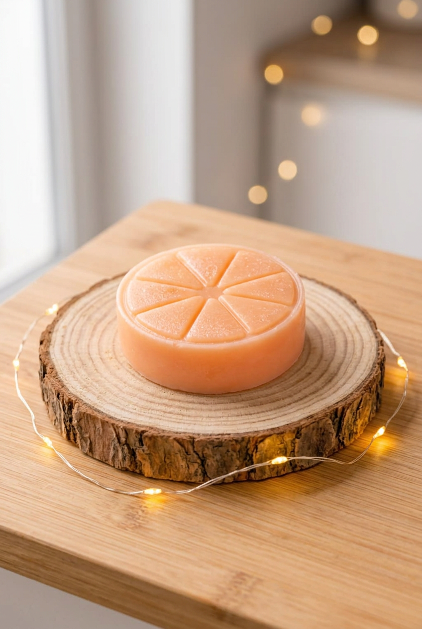 Fondant Mandarine Pétillante orange pastel en forme de tranche d’agrume, sur un rondin entouré d’une guirlande lumineuse.