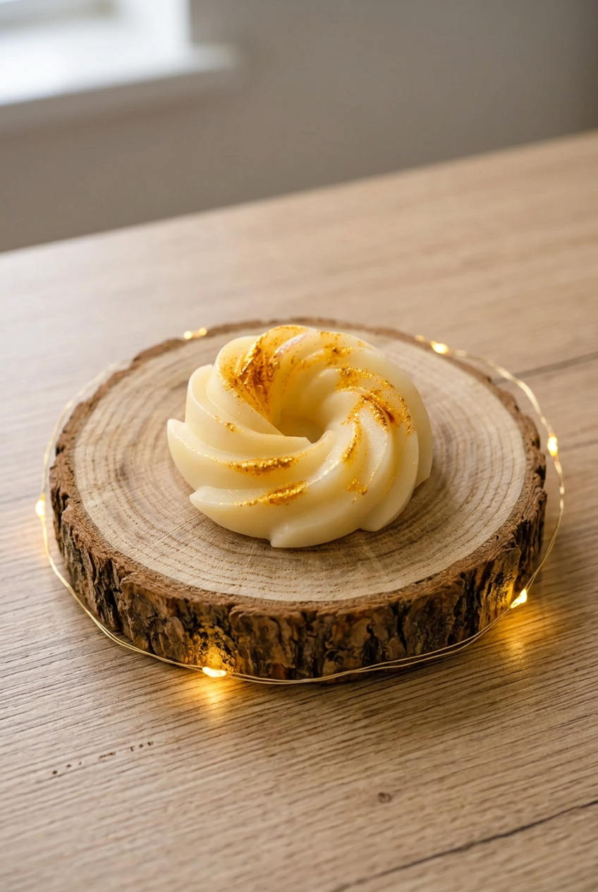 Fondant Pina Colada ivoire en spirale avec touches dorées, sur un rondin de bois avec guirlande lumineuse.
