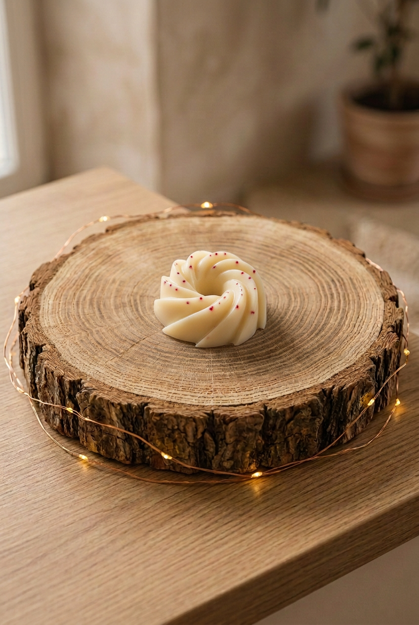 Fondant parfumé Pomme Cannelle ivoire à petits éclats rouges, en forme de spirale, sur un rondin de bois entouré d’une guirlande lumineuse.