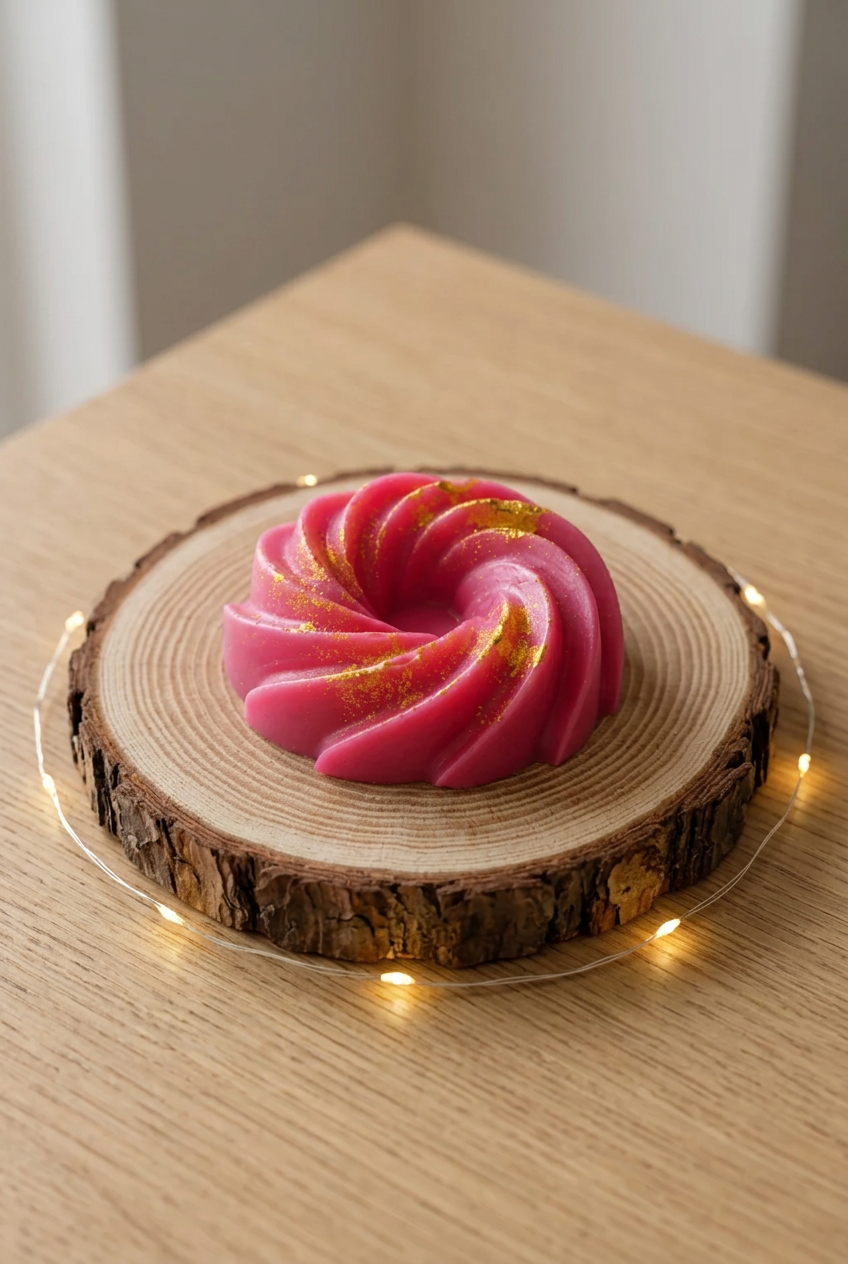 Fondant Rose d’Amour fuchsia en spirale avec touches dorées, sur un rondin de bois avec guirlande lumineuse.