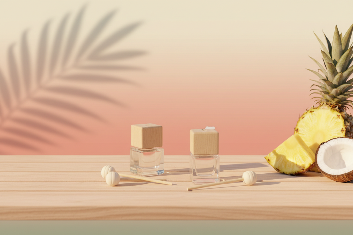 Diffuseur de parfum d’ambiance senteur Piña Colada posé sur un plan clair avec ananas et noix de coco, fond crème et corail en lumière dorée

