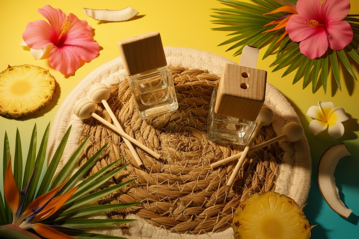 Diffuseur de parfum d’ambiance senteur Piña Colada entouré de tranches d’ananas, de noix de coco et de feuilles de palmier sur fond jaune et turquoise