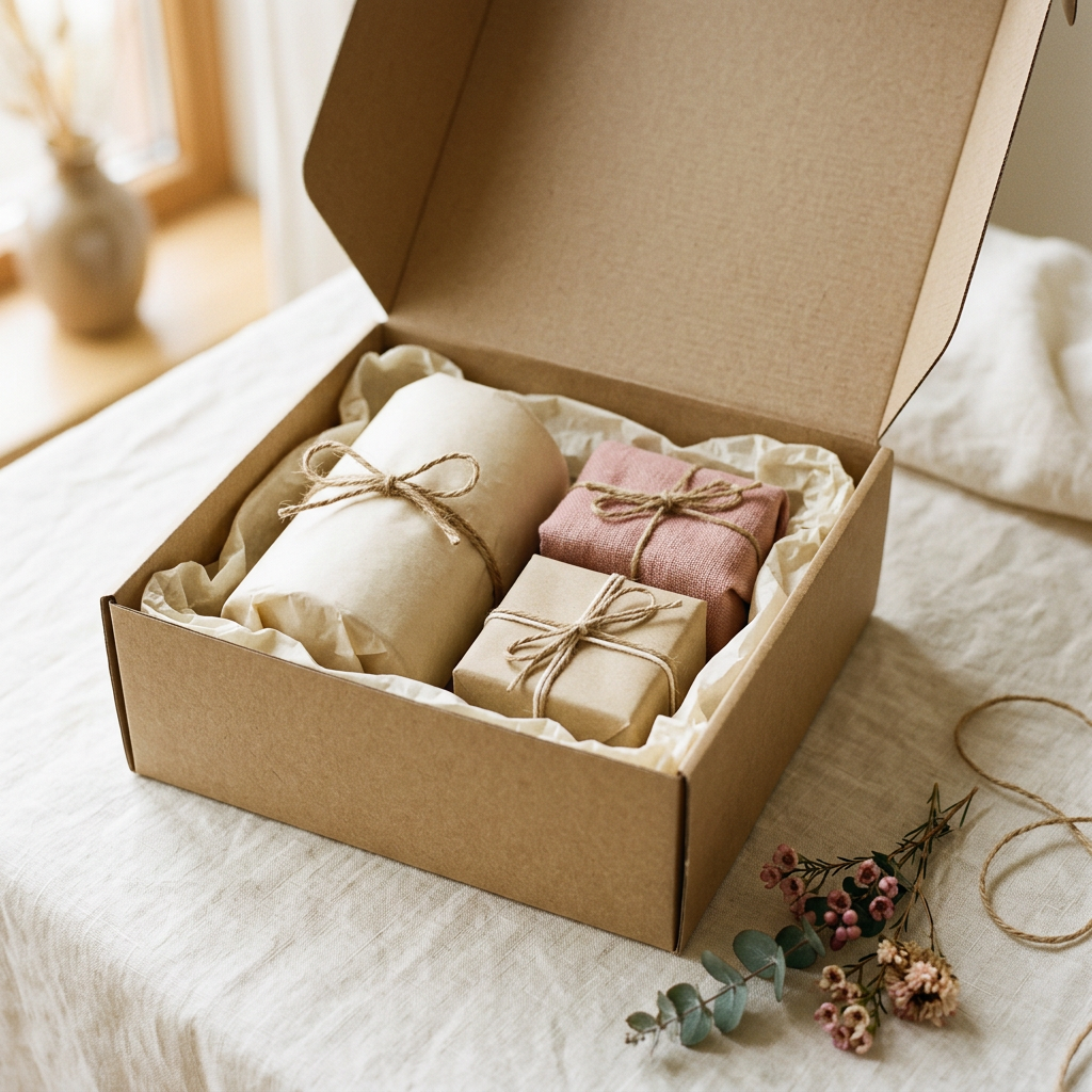 « Box Découverte à composer Créa’Passion09 ouverte, avec trois créations emballées dans du papier beige et rose, nouées de ficelle. »