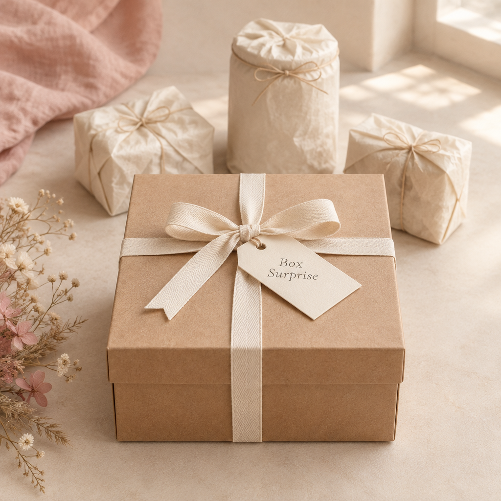  « Box Mensuelle à composer Créa’Passion09 en coffret kraft avec ruban beige et étiquette, entourée de trois créations emballées. »